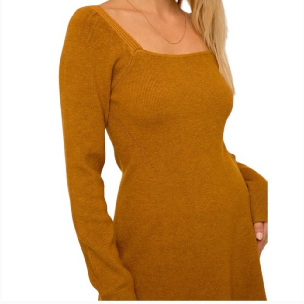 Camel Square Neck A Line Ribbed Dress NWT